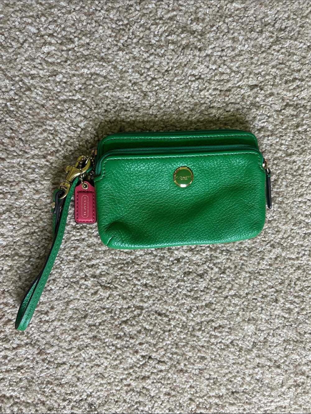 Coach Bright Green Pebbled Leather Double-Zip Wristlet with Pink Tag